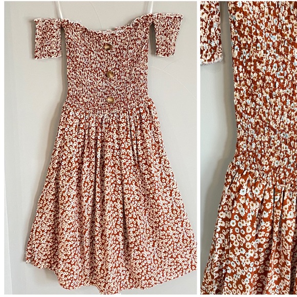 Brown Floral Smocked Off the Shoulder Midi Dress - Picture 3 of 3